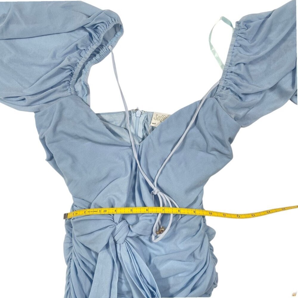 NWT Selfie Leslie Blue Ruched Off-The-Shoulder Mesh Long Sleeve Mini Dress XS - Picture 3 of 8